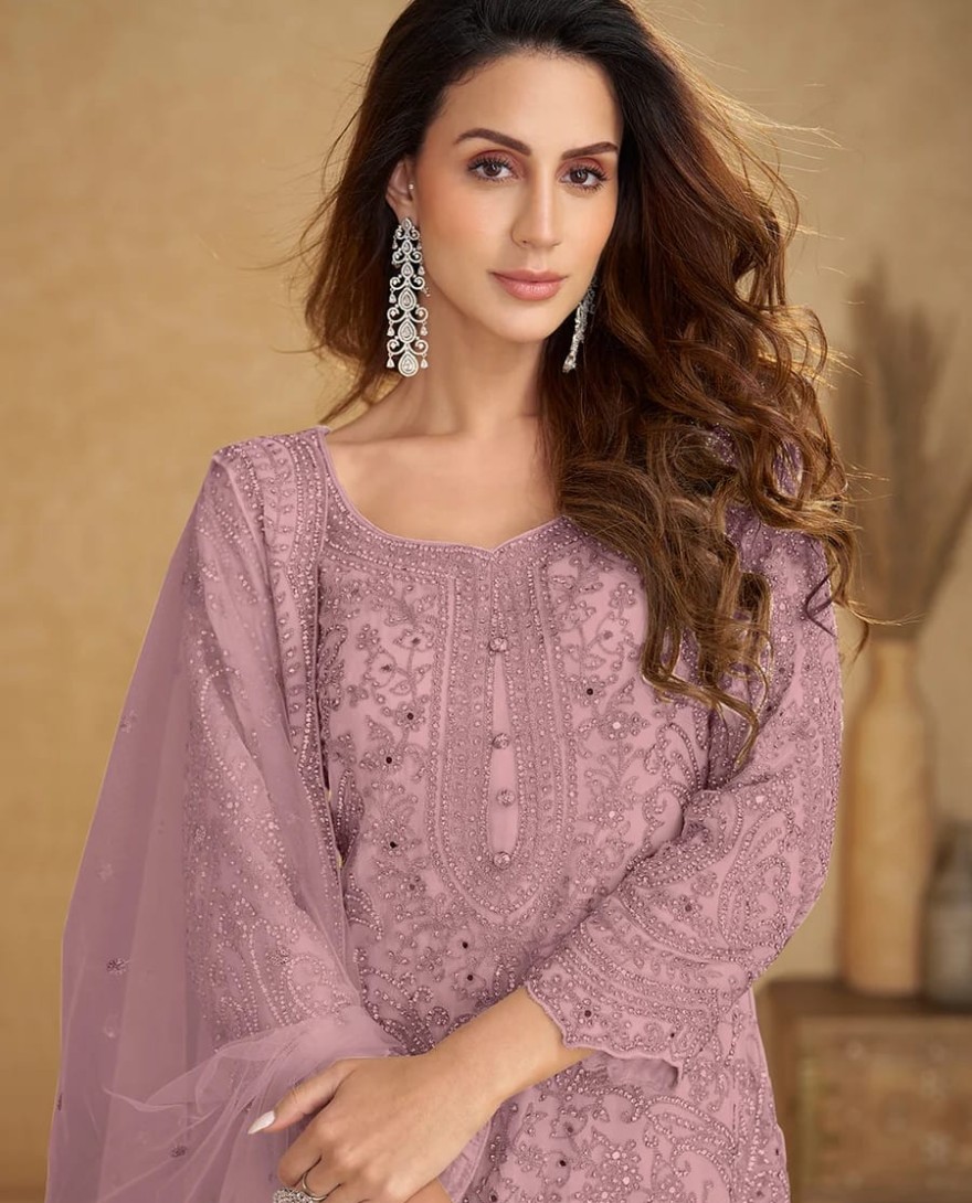 8113-B - Net Dusty Pink Embroidered Wedding Palazzo Suit